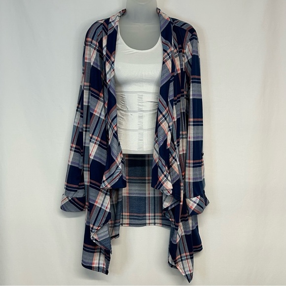 New York Laundry Womens Duster Cardigan Size 2X Open Roll Tab Sleeves Plaid Blue - Picture 2 of 7